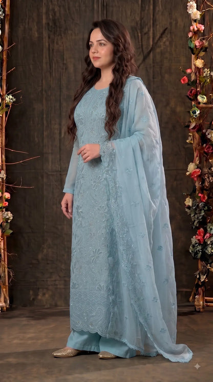 Pakistani Designer Soft Blue Pakistani Suit with Pearl Embroidery Work
