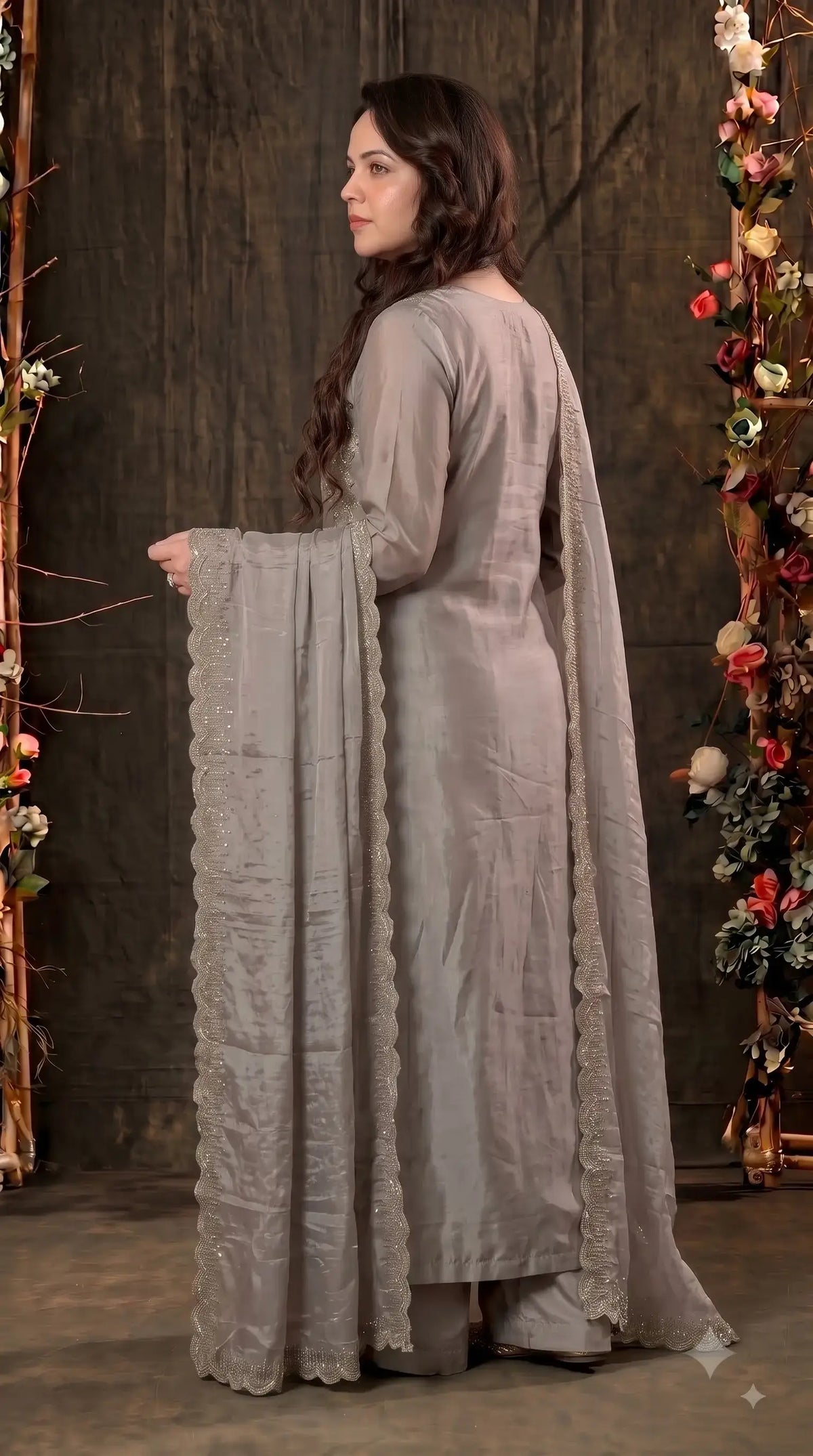Premium Designer Misty Mauve Soft Tissue Suit with Elegant Stone Work