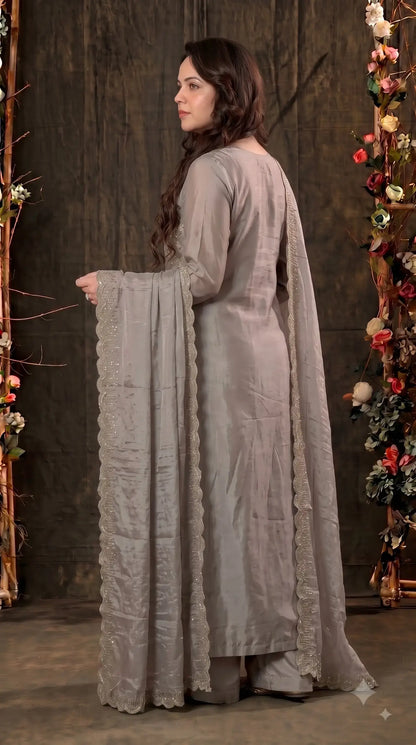 Premium Designer Misty Mauve Soft Tissue Suit with Elegant Stone Work