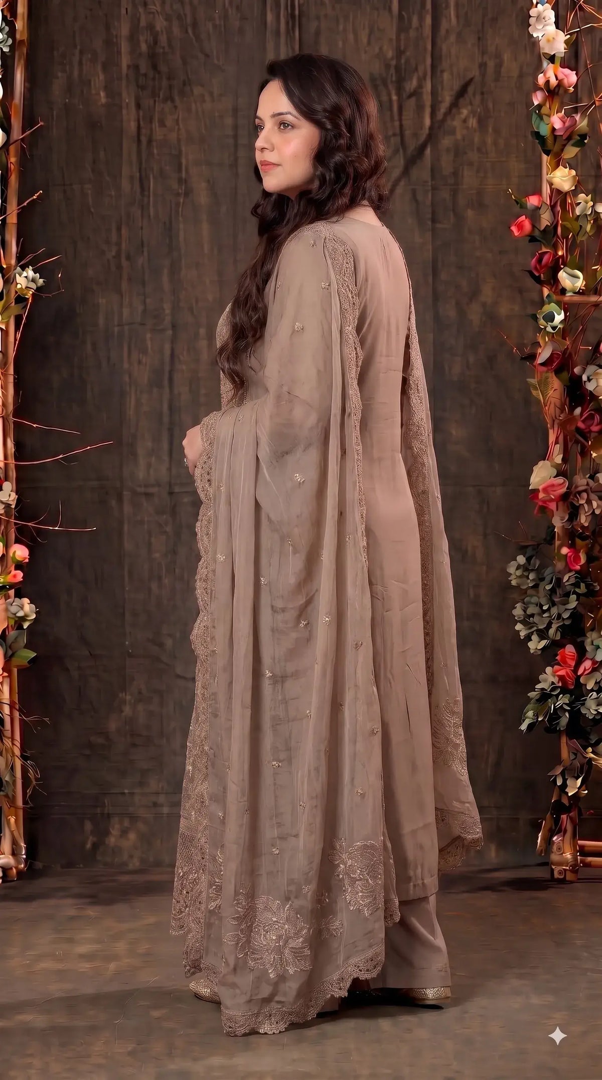 Premium Designer Mocha Gold Crush Suit with Pearl & Cutwork Detailing