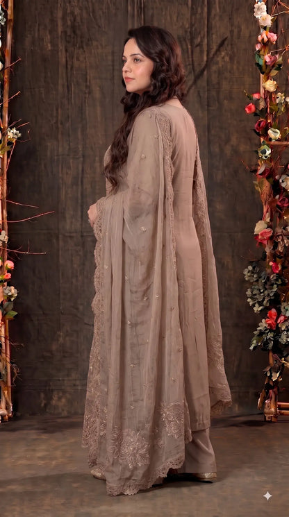 Premium Designer Mocha Gold Crush Suit with Pearl & Cutwork Detailing