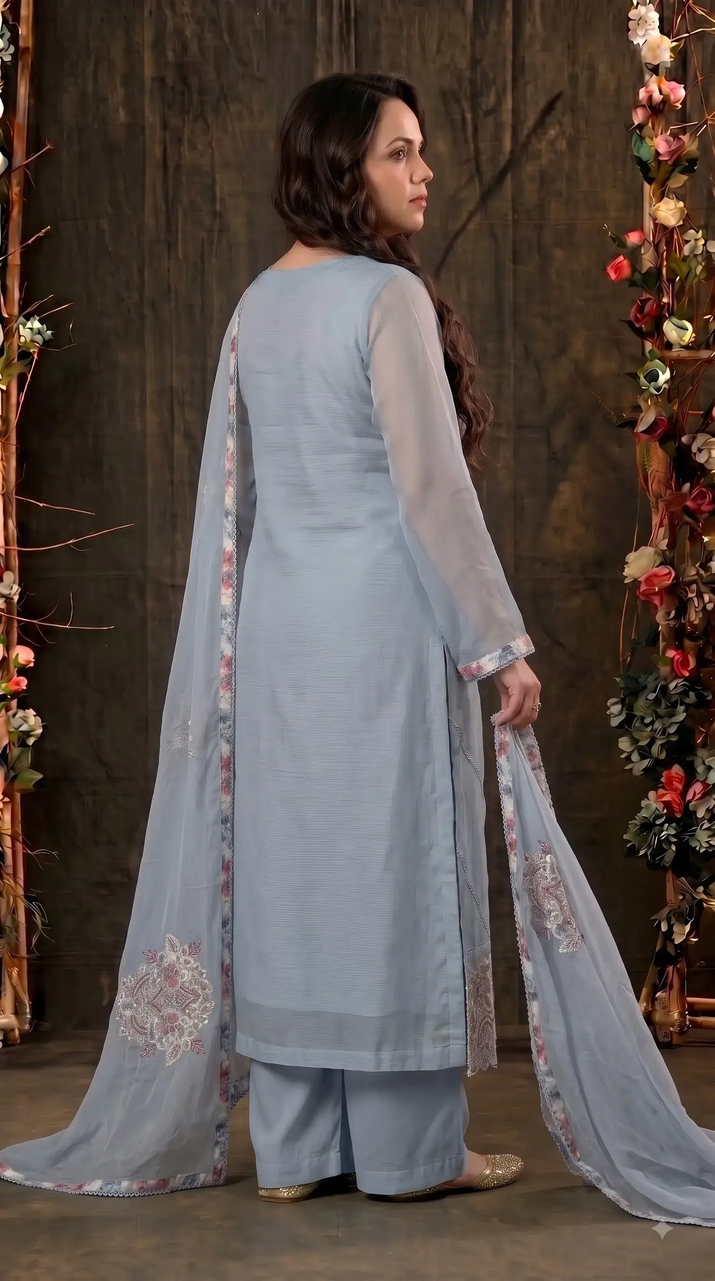 Premium Cotton Designer Sky Blue Floral Embroidered Suit with Pearl Handwork
