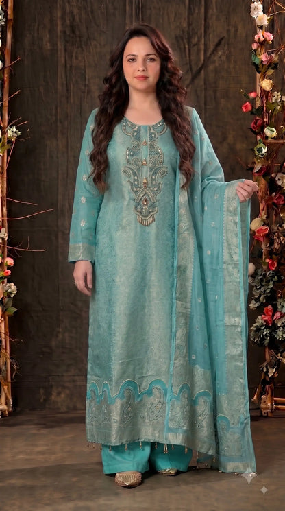 Premium Designer Aqua Turquoise Tulfi Texture Suit with Bead & Paisley