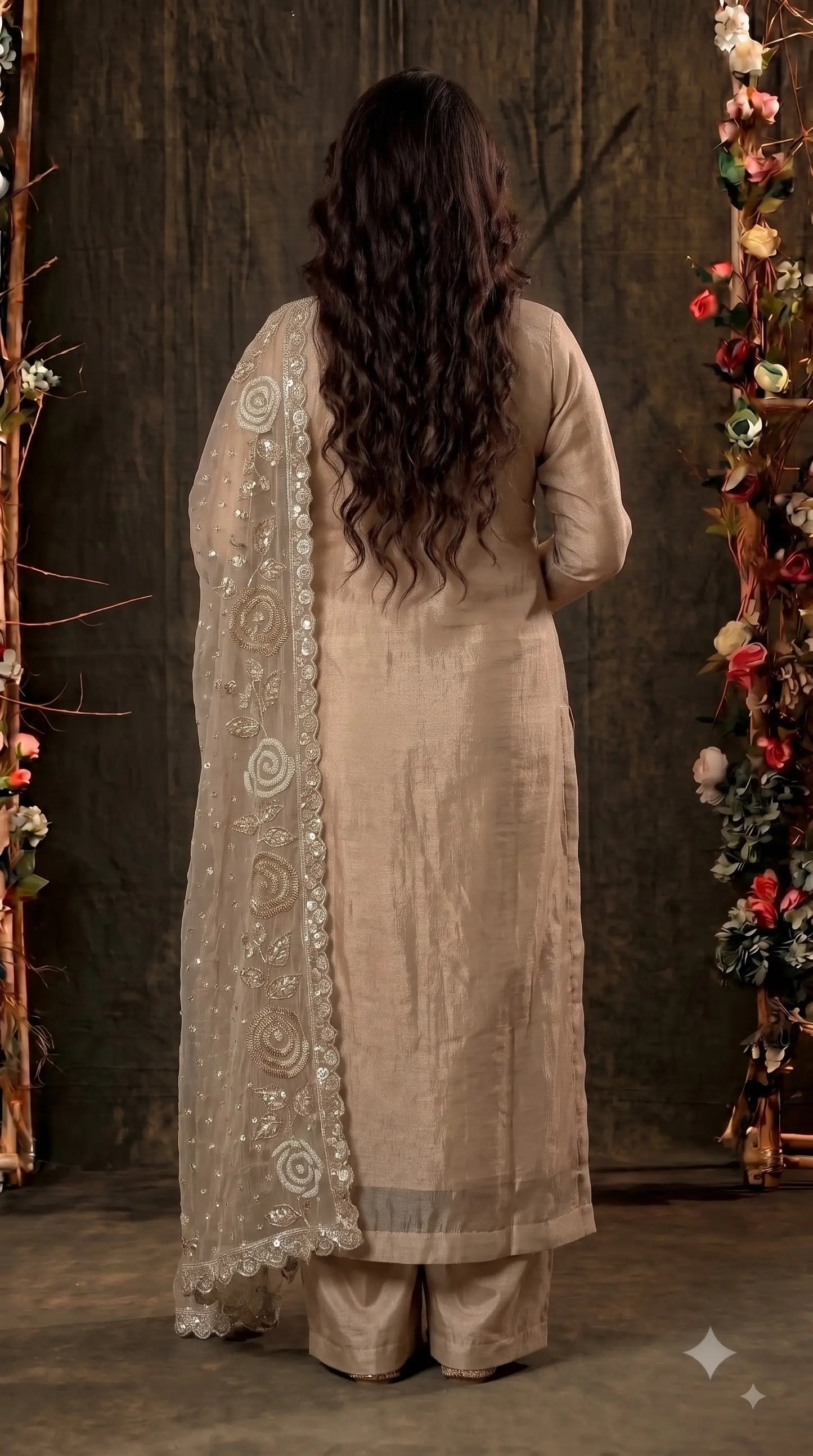 Premium Beige Soft Tissue Designer Suit with Pearl Work