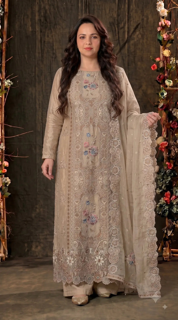 Premium Designer Beige Shimmer Silk Suit with Cutwork Floral Embroidery