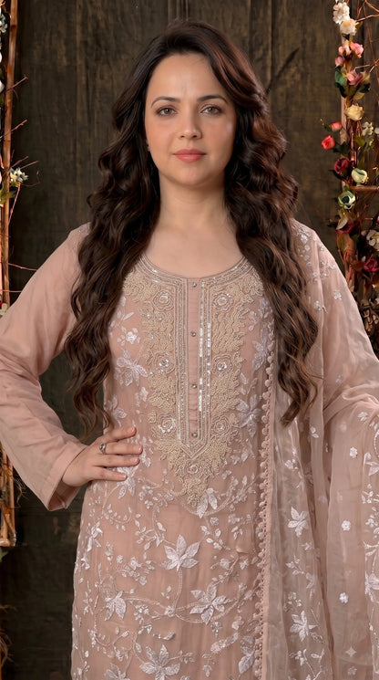 Premium Designer Blush Pink Soft Chiffon Suit with Elegant Applique Floral Work & Graceful Dupatta