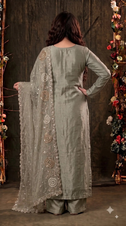 Premium Dusty Sage Green Soft Tissue Designer Suit with Pearl Work