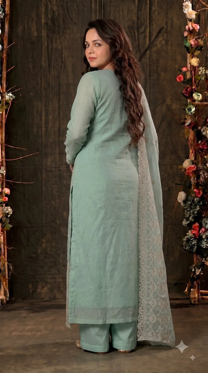 Premium Seafoam Mint Soft Crush Tissue Designer Suit with Intricate Cutwork Embroidery & Sequin Work
