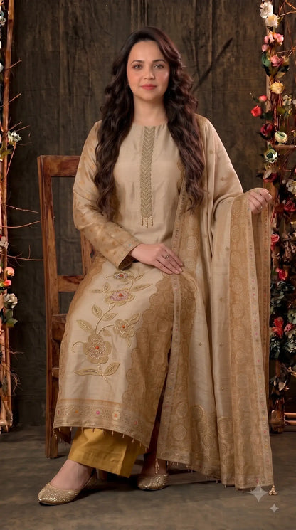 Pakistani Designer Yellow Banarsi Suit with Floral Bead & Sequin Work