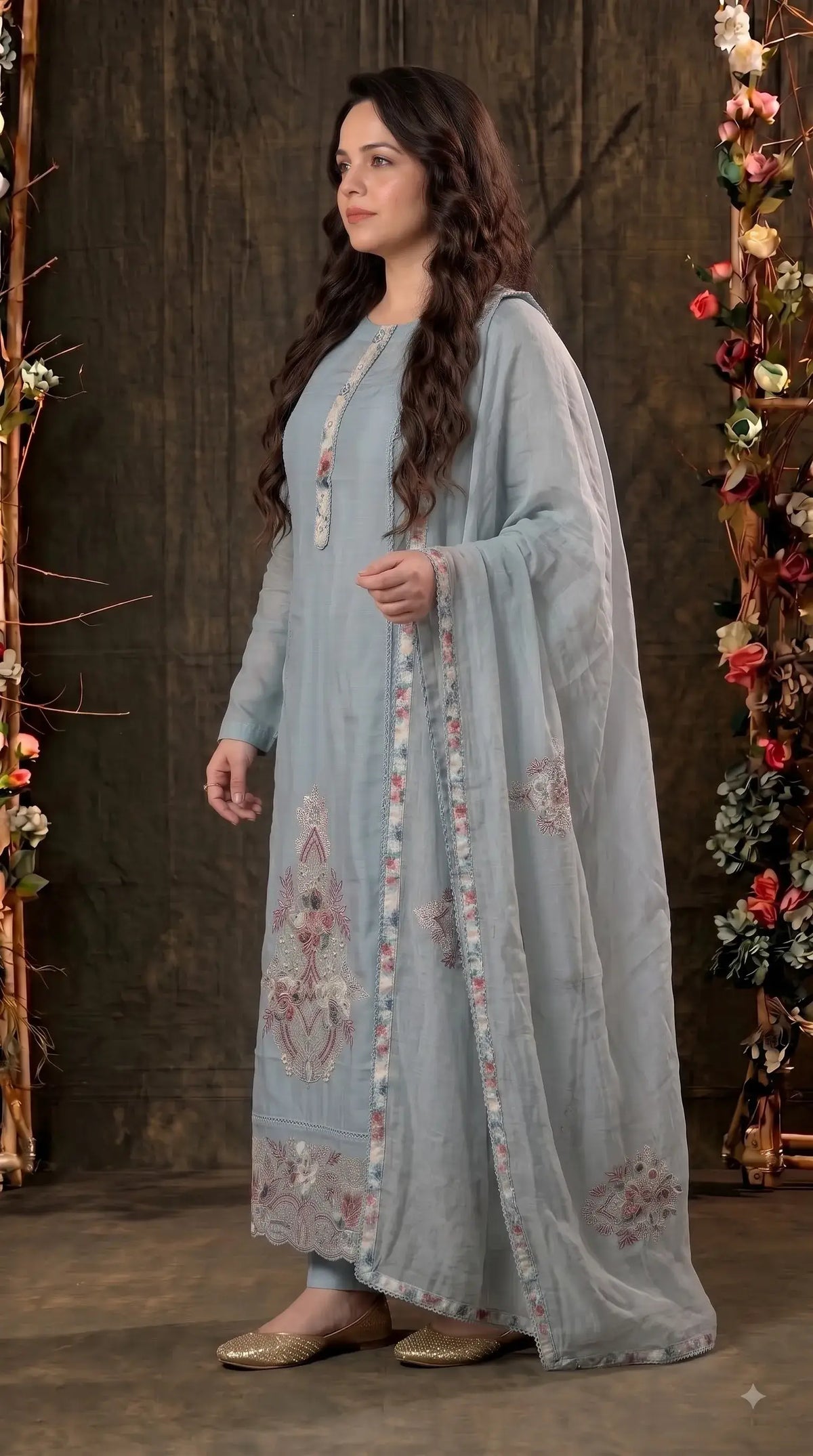 Pakistani Designer Soft Cotton Blue Suit With Floral Embroidery & Pearl Work