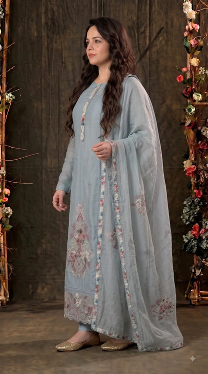 Pakistani Designer Soft Cotton Blue Suit With Floral Embroidery & Pearl Work