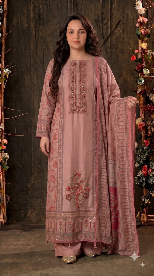 Pakistani Designer Pink Very Soft Tissue Suit with Pink Floral Pearl, Bead & Sequin Work
