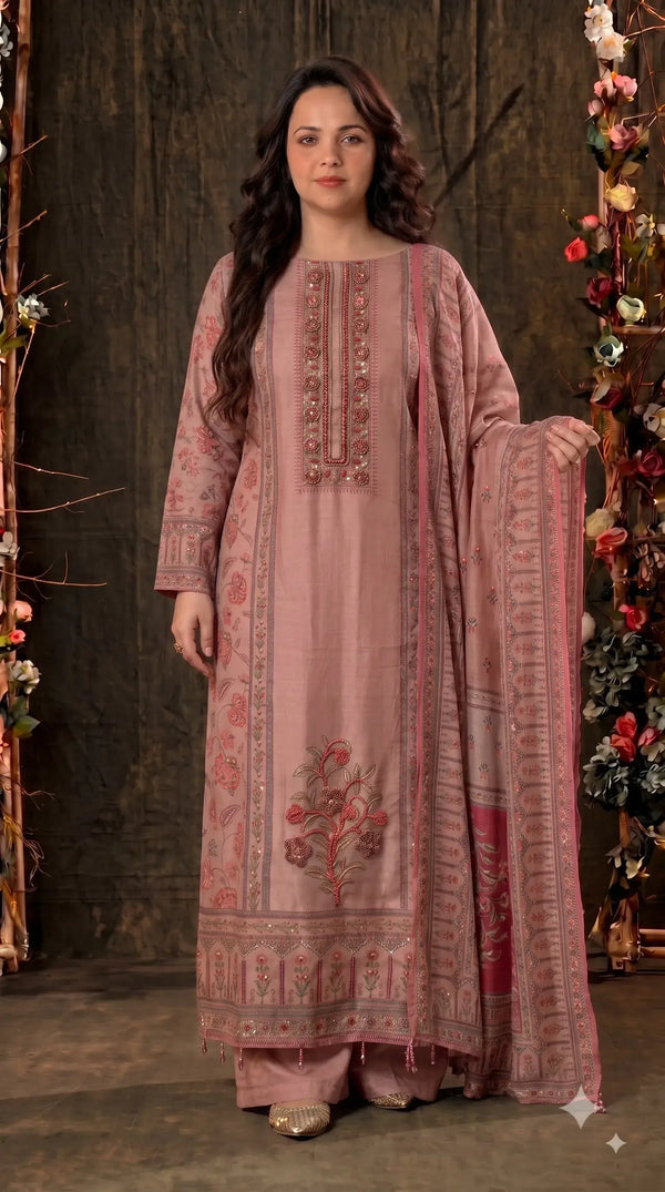 Pakistani Designer Pink Very Soft Tissue Suit with Pink Floral Pearl, Bead & Sequin Work
