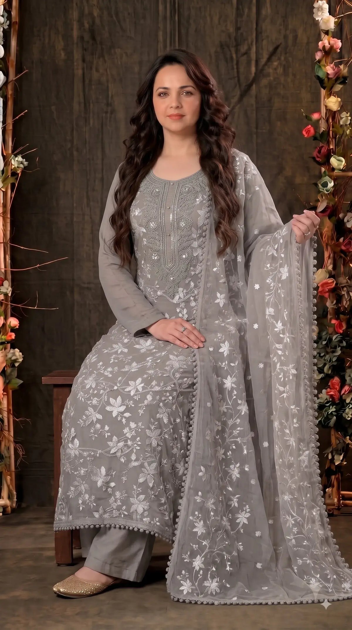 Pakistani Designer Soft Grey Soft Chiffon Suit with Elegant Applique Floral Work & Graceful Dupatta
