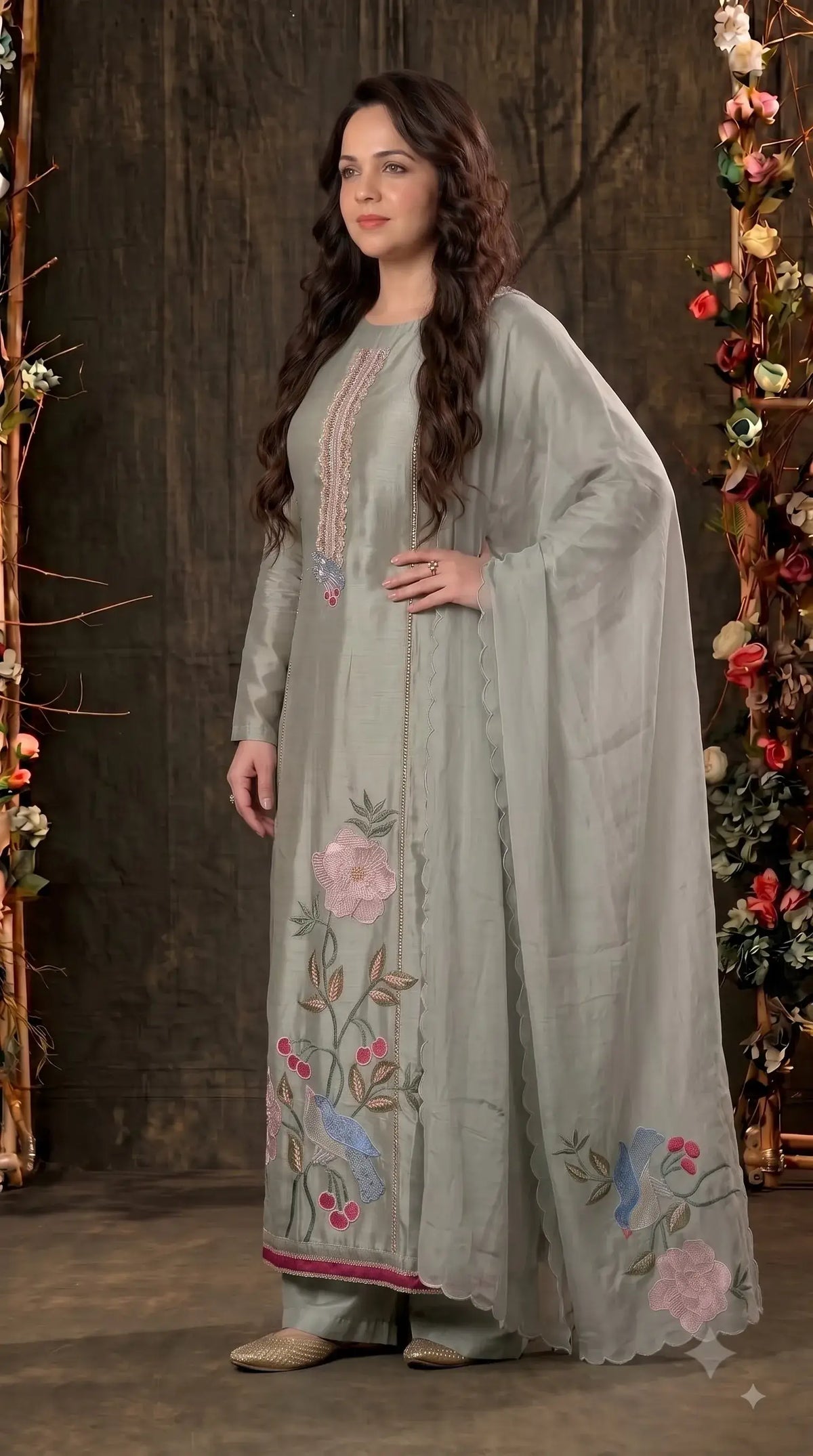Premium Sage Green Tissue Pakistani Designer Suit with Floral & Bird Embroidery