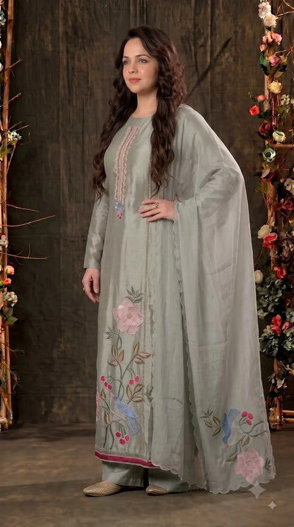 Premium Sage Green Tissue Pakistani Designer Suit with Floral & Bird Embroidery