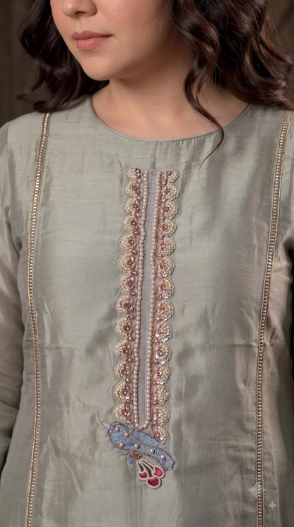 Premium Sage Green Tissue Pakistani Designer Suit with Floral & Bird Embroidery
