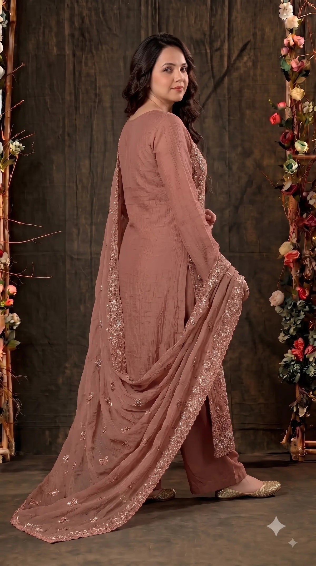 Pakistani Designer Rust Soft Crush Tissue Suit with Floral Embroidery, Pearl & Sequin Work