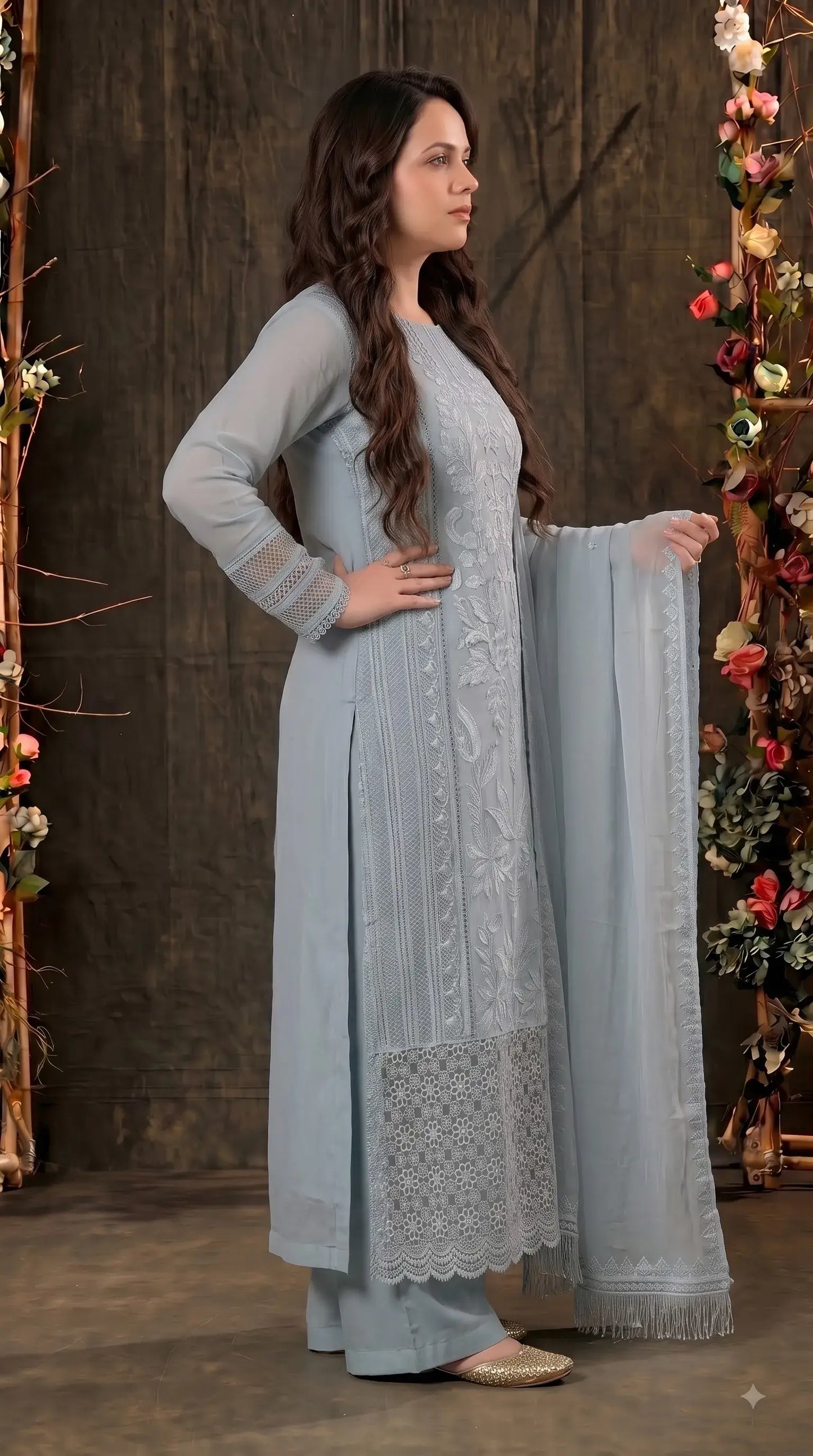 Premium Designer Ice Blue Suit in Soft Organza Fabric