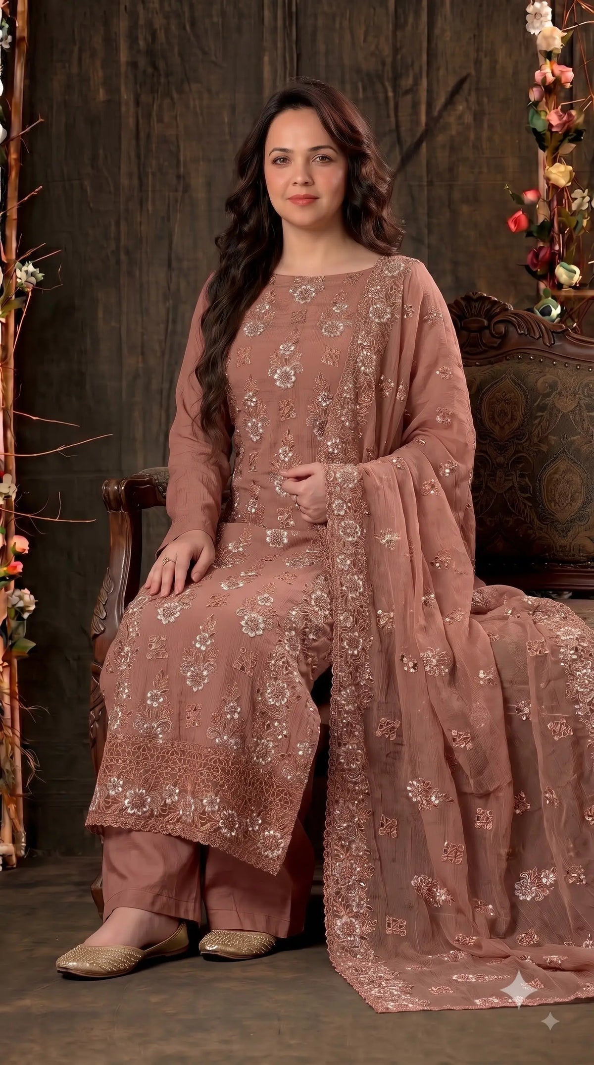 Pakistani Designer Rust Soft Crush Tissue Suit with Floral Embroidery, Pearl & Sequin Work