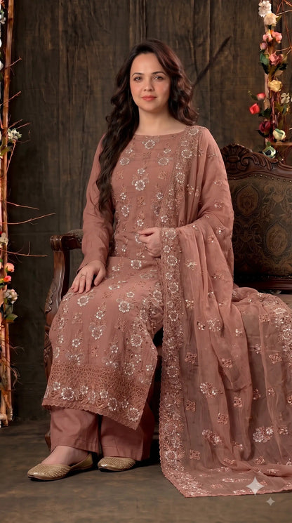 Pakistani Designer Rust Soft Crush Tissue Suit with Floral Embroidery, Pearl & Sequin Work