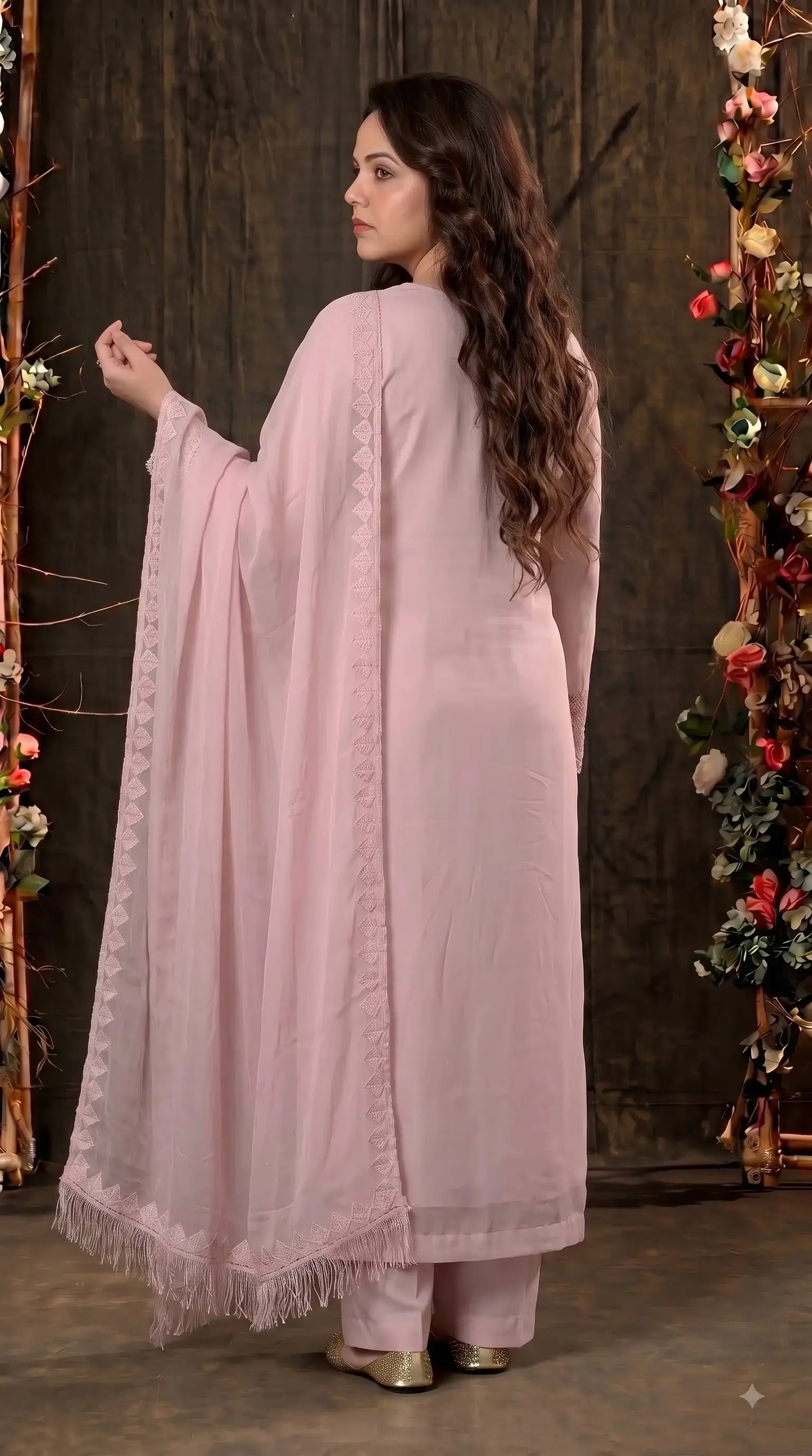Premium Designer Soft Pink Soft Organza Suit with Appliqué Work