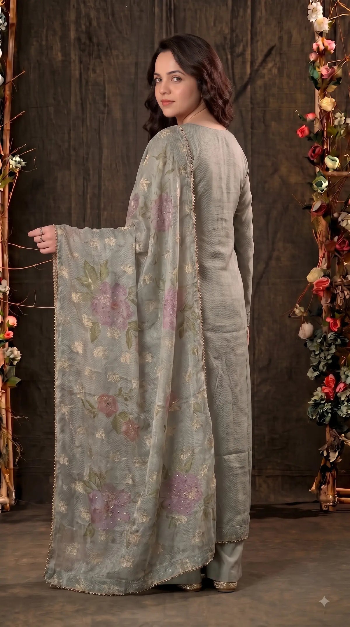 Premium Designer Sage-Green Soft Tissue Suit with Floral Bead, Sequin & Cutdana Work