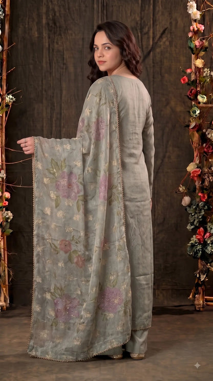 Premium Designer Sage-Green Soft Tissue Suit with Floral Bead, Sequin & Cutdana Work