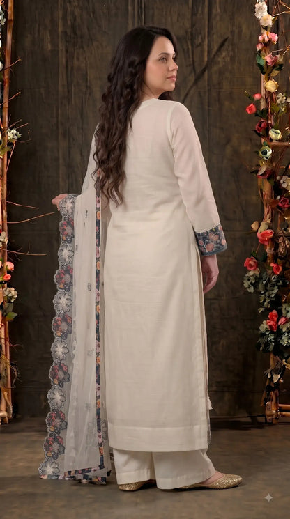 Premium Designer Off-White Soft Cotton Suit with Floral Detailing & Pearl Accents