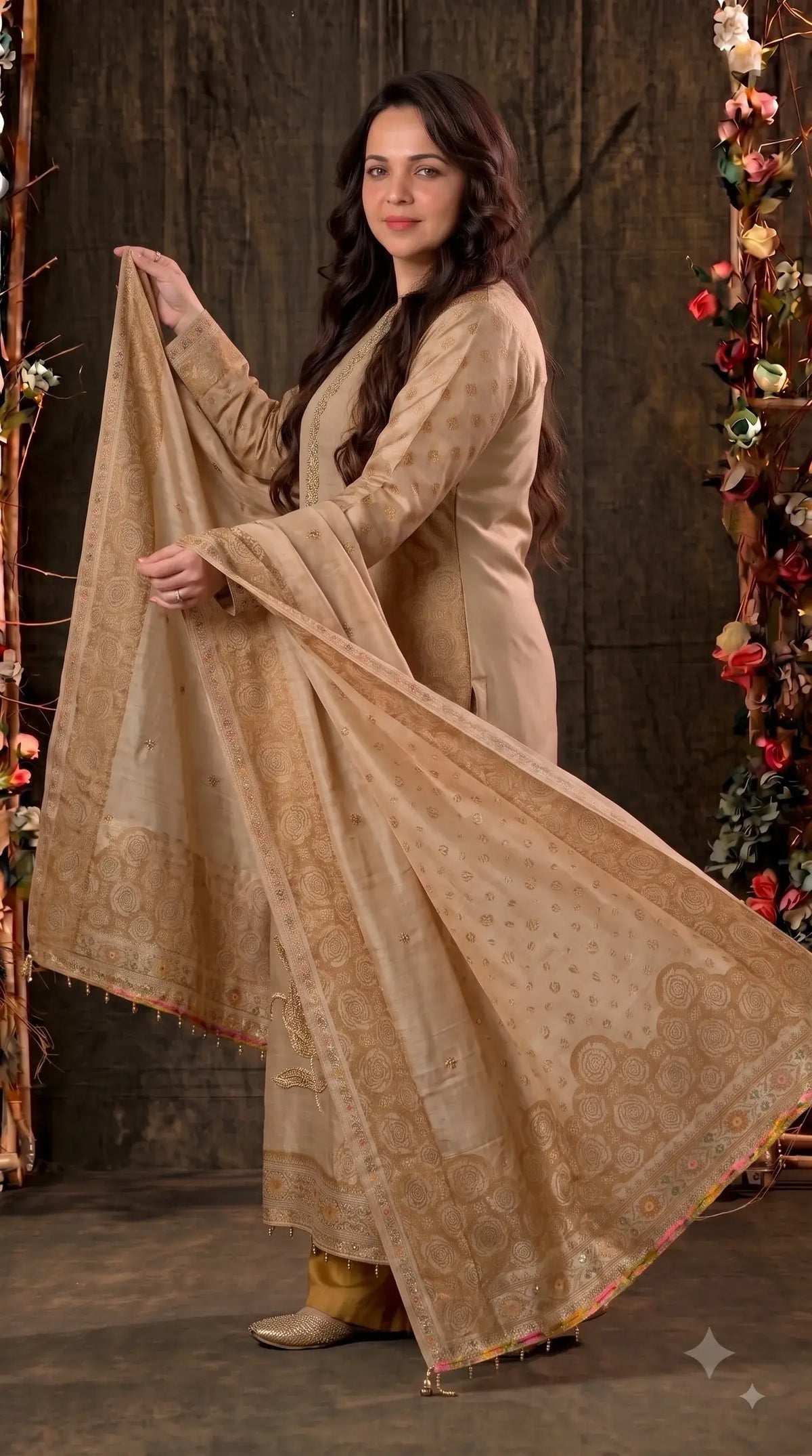 Pakistani Designer Yellow Banarsi Suit with Floral Bead & Sequin Work
