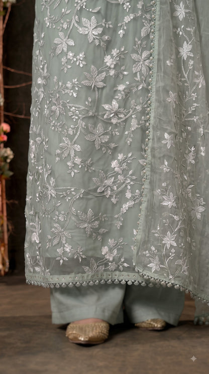 Premium Designer Soft Sage Green Soft Chiffon Suit with Elegant Applique Floral Work & Graceful