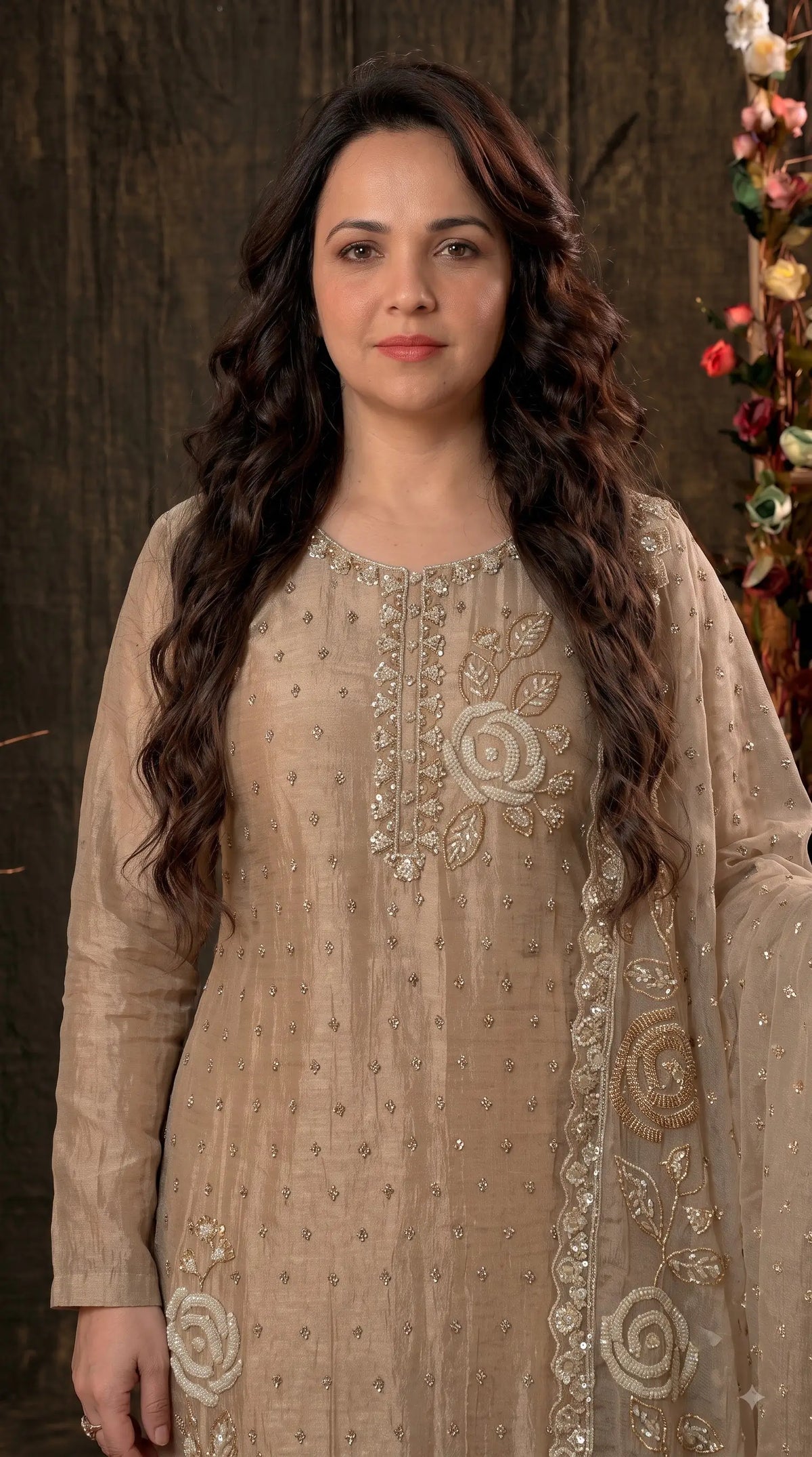Premium Beige Soft Tissue Designer Suit with Pearl Work