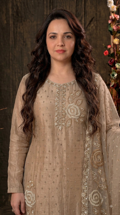 Premium Beige Soft Tissue Designer Suit with Pearl Work