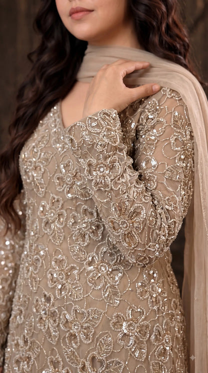 Premium Champagne Organza Ethnic-Western Pakistani Designer Suit with Floral Embroidery, Pearl, Cutdana & Sequin Handwork