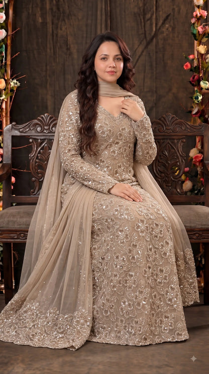 Premium Champagne Organza Ethnic-Western Pakistani Designer Suit with Floral Embroidery, Pearl, Cutdana & Sequin Handwork