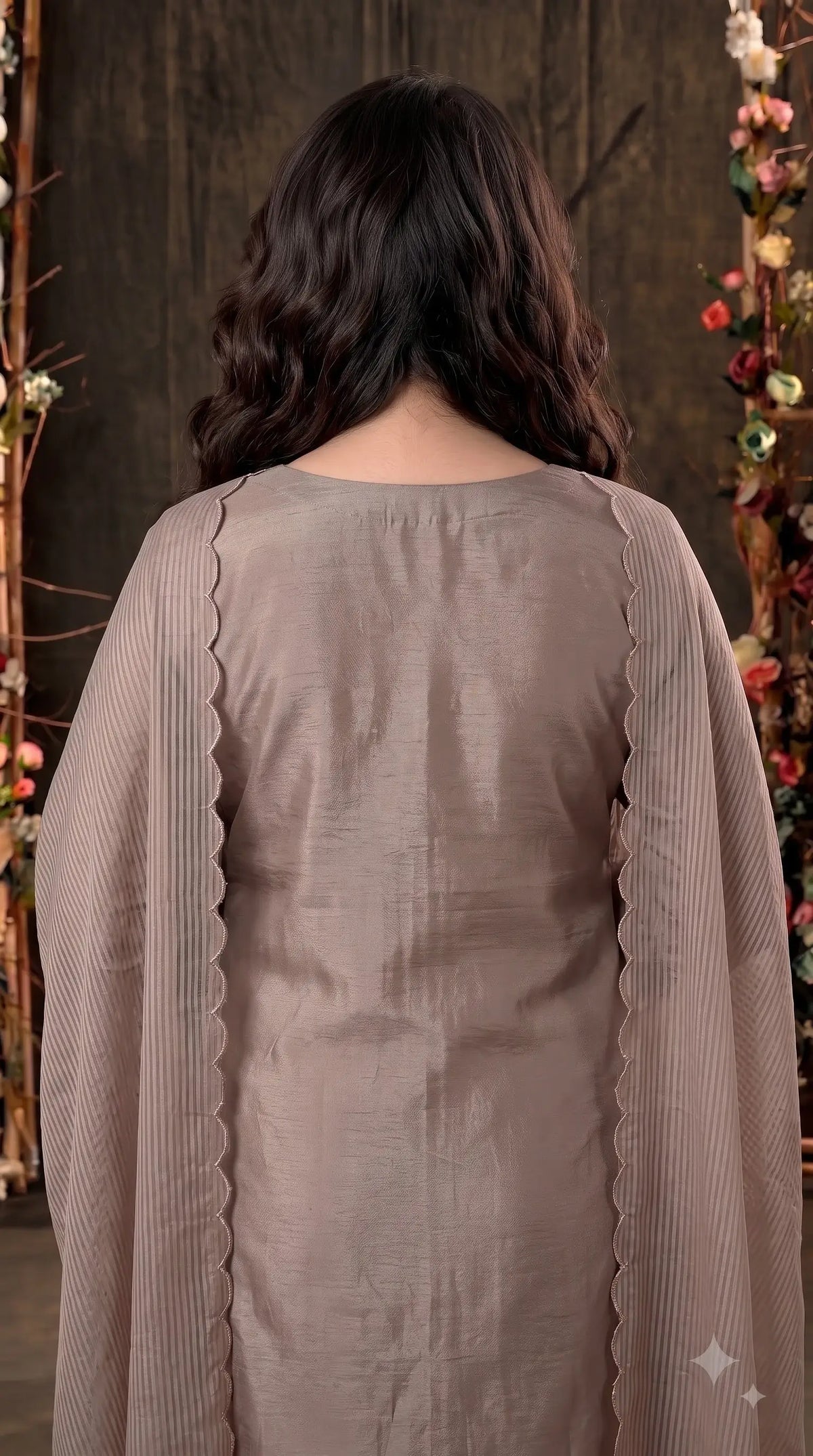 Premium Designer Mocha Taupe Organza Suit with 3D Floral Bead & Sequin Work