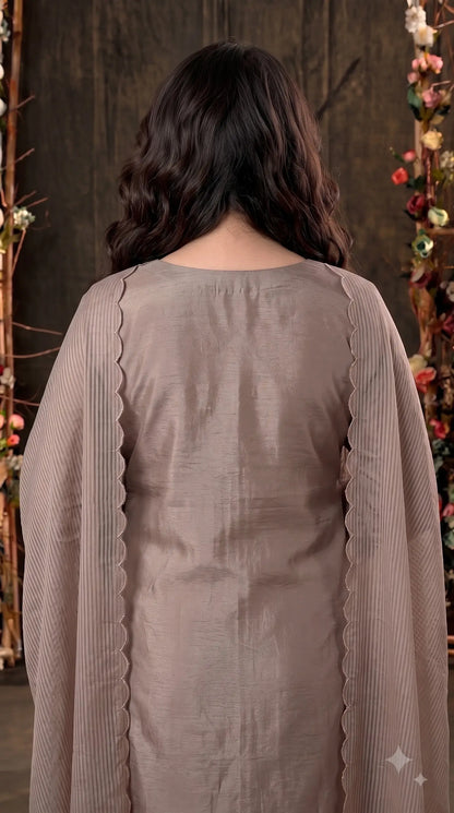 Premium Designer Mocha Taupe Organza Suit with 3D Floral Bead & Sequin Work