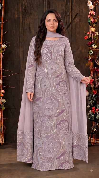 Pakistani Designer Lavender Shade Organza Ethnic-Western Suit with Pearl, Bead & Sequin Work