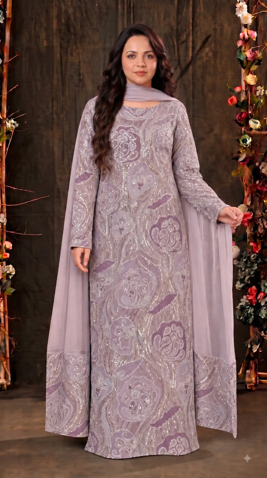 Pakistani Designer Lavender Shade Organza Ethnic-Western Suit with Pearl, Bead & Sequin Work