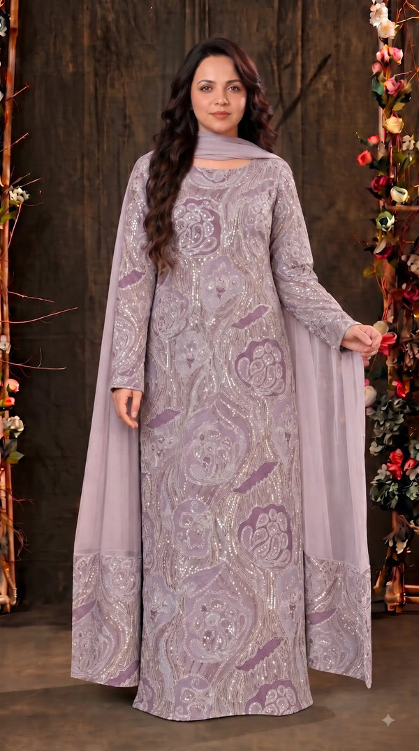 Pakistani Designer Lavender Shade Organza Ethnic-Western Suit with Pearl, Bead & Sequin Work