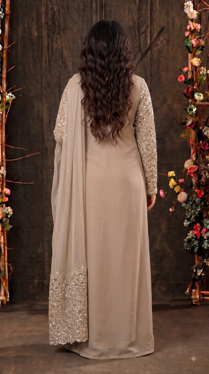 Premium Champagne Organza Ethnic-Western Pakistani Designer Suit with Floral Embroidery, Pearl, Cutdana & Sequin Handwork