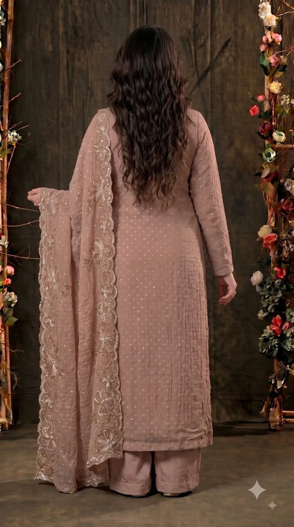 Premium Designer Blush Taupe Soft Tissue Suit with Pearl Floral Work