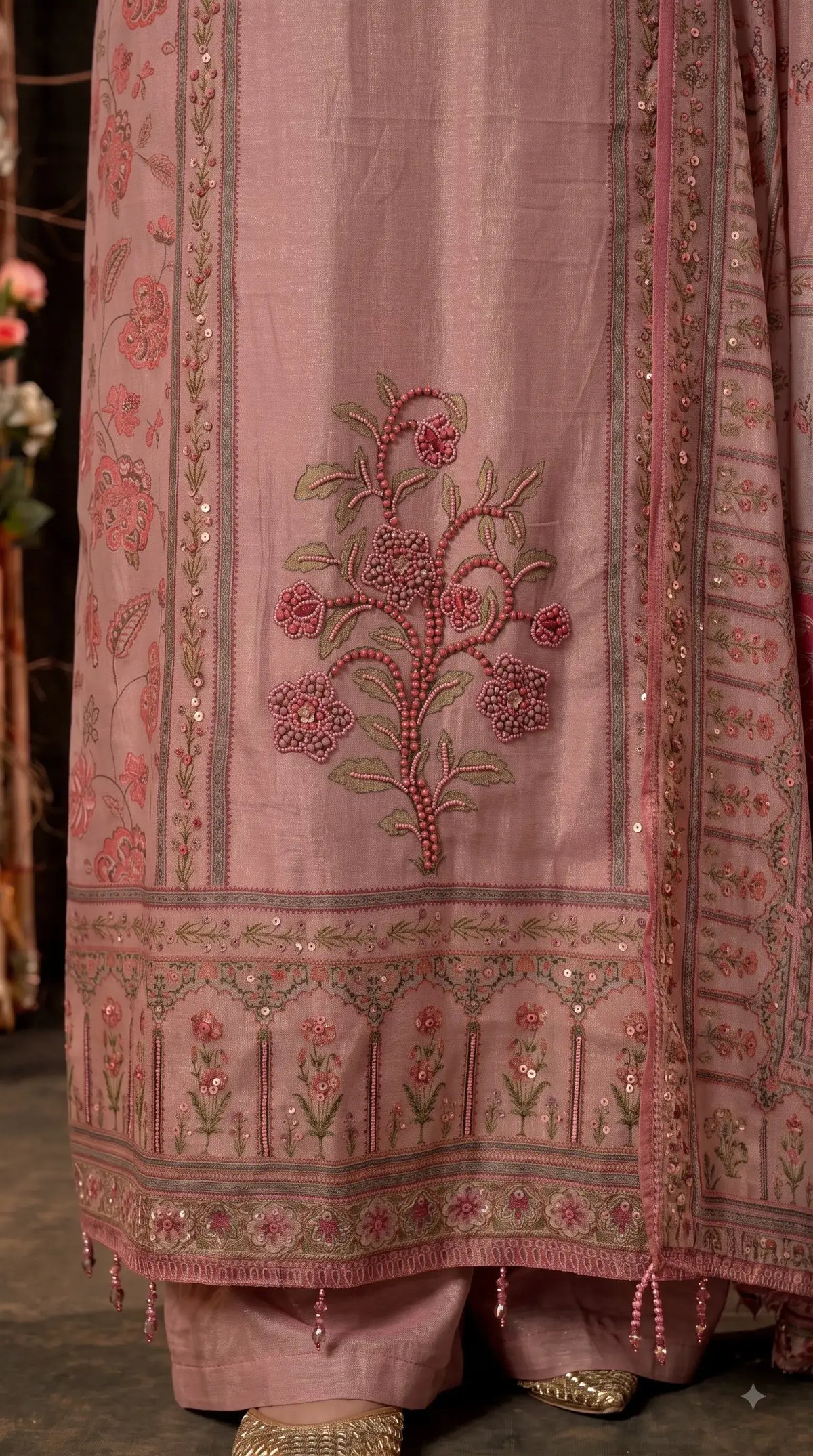 Pakistani Designer Pink Very Soft Tissue Suit with Pink Floral Pearl, Bead & Sequin Work