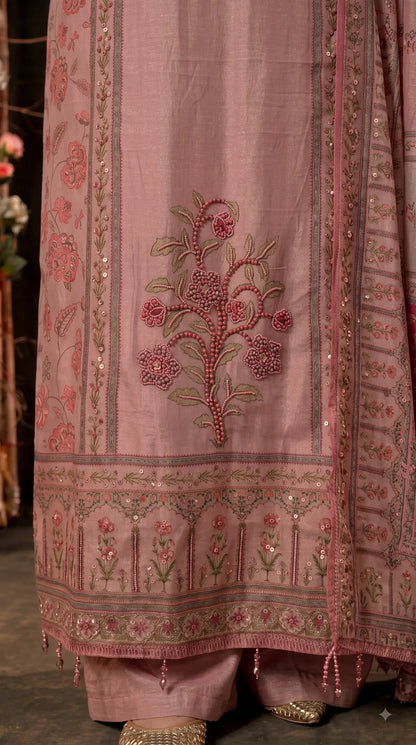 Pakistani Designer Pink Very Soft Tissue Suit with Pink Floral Pearl, Bead & Sequin Work