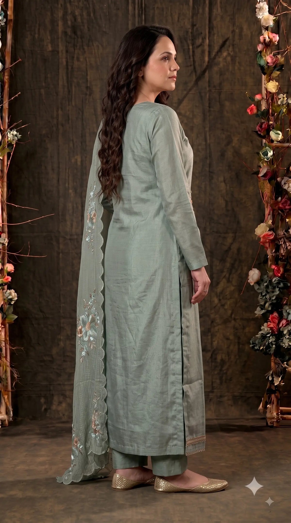 Premium Designer Sage Green Organza Suit with Pastel Floral Hand Embroidery, Sequin & Bead Work