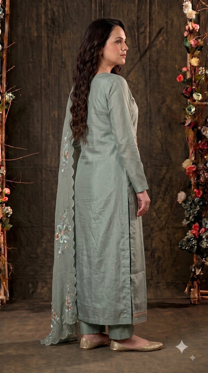Premium Designer Sage Green Organza Suit with Pastel Floral Hand Embroidery, Sequin & Bead Work