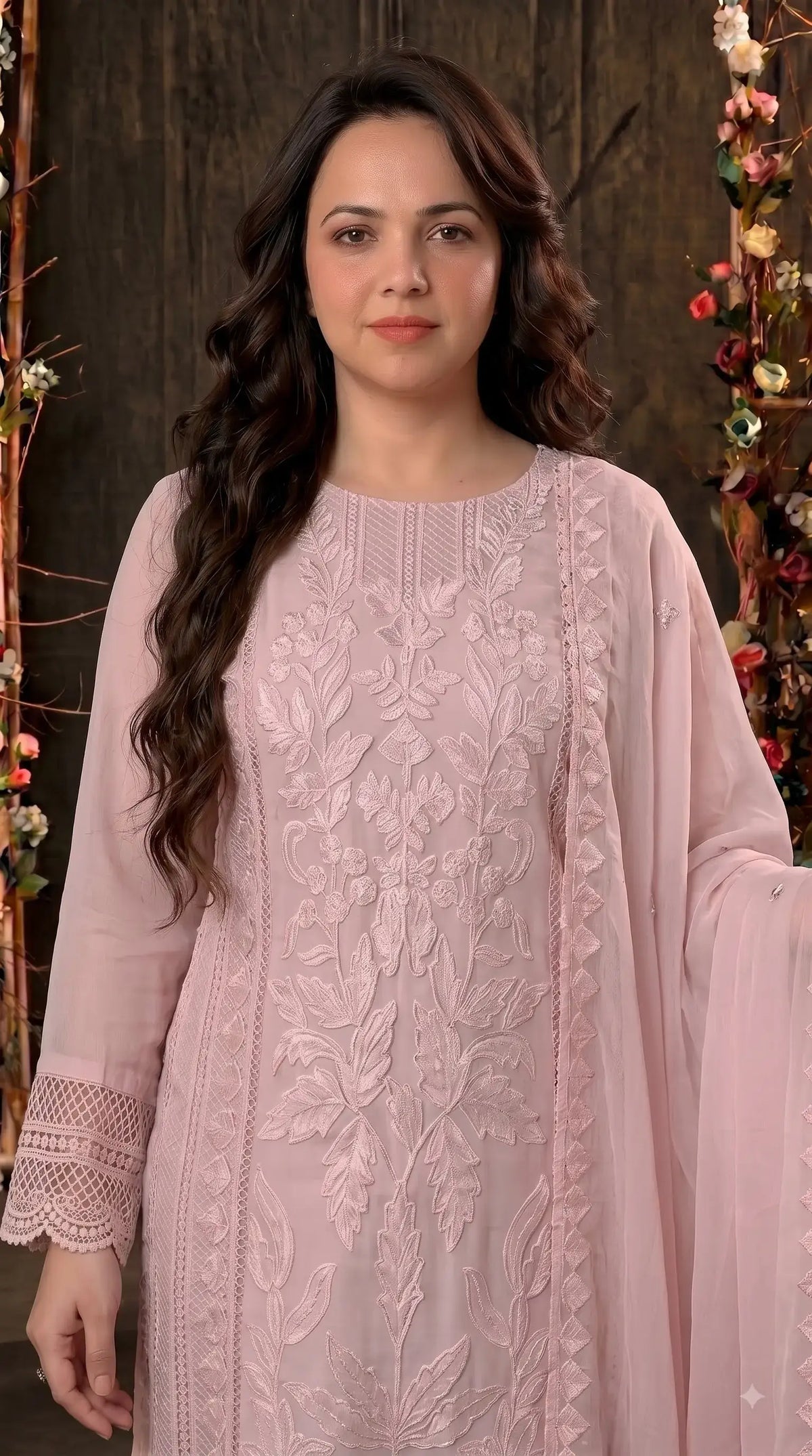 Premium Designer Soft Pink Soft Organza Suit with Appliqué Work