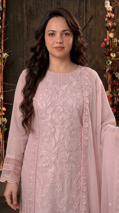 Premium Designer Soft Pink Soft Organza Suit with Appliqué Work