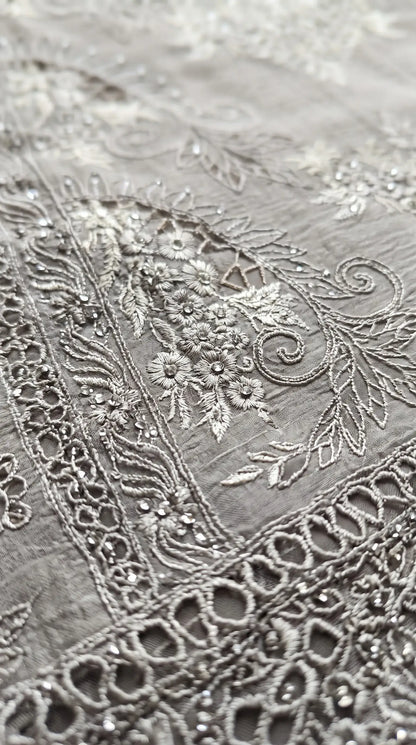 Pakistani Designer Ivory Marble Chiffon Suit with Cutwork Embroidery & Swarovski Work Pakistani Suit