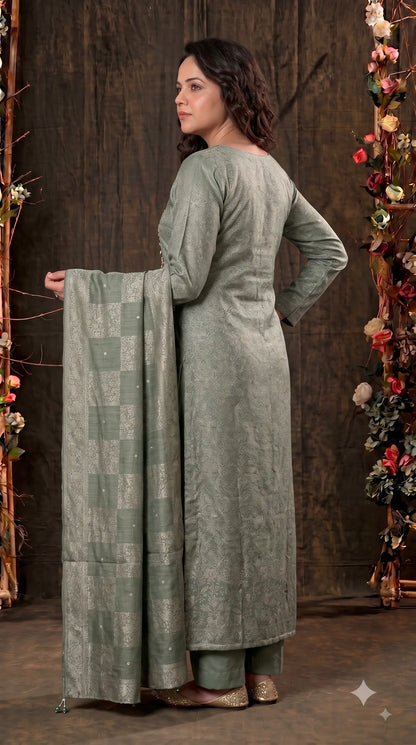 Premium Designer Sage Green Banarsi Suit with Floral Paisley Bead & Sequin Work